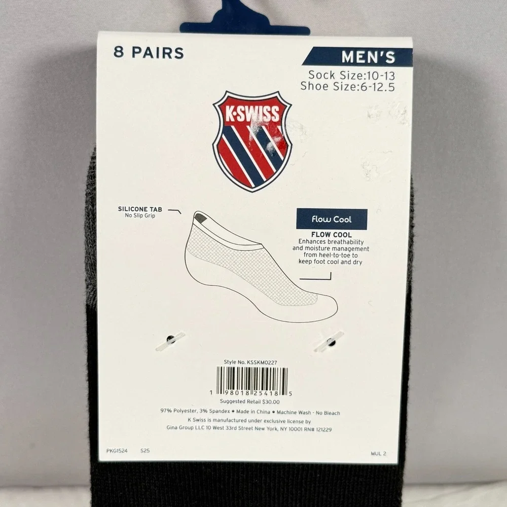 K-Swiss Men's Socks Low Cut‎ No Show 8 pack Shoe Size 6 to 12.5 Silicone Tab